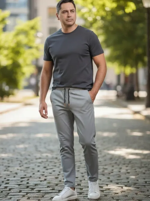 Pantalon gri deschis cu siret in talie